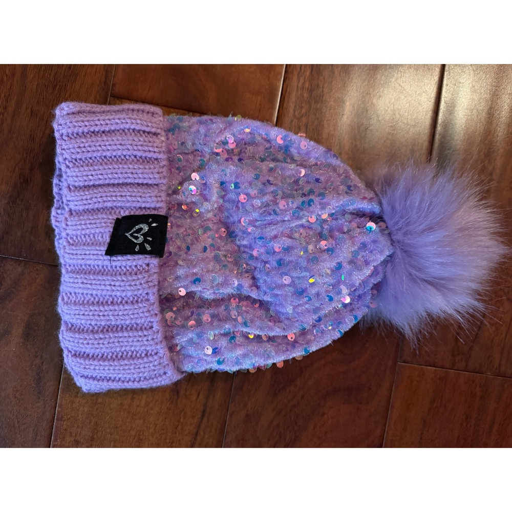 Justice Beanie Girls One Size Purple Excellent Sequin Pom Pom Knit Hat